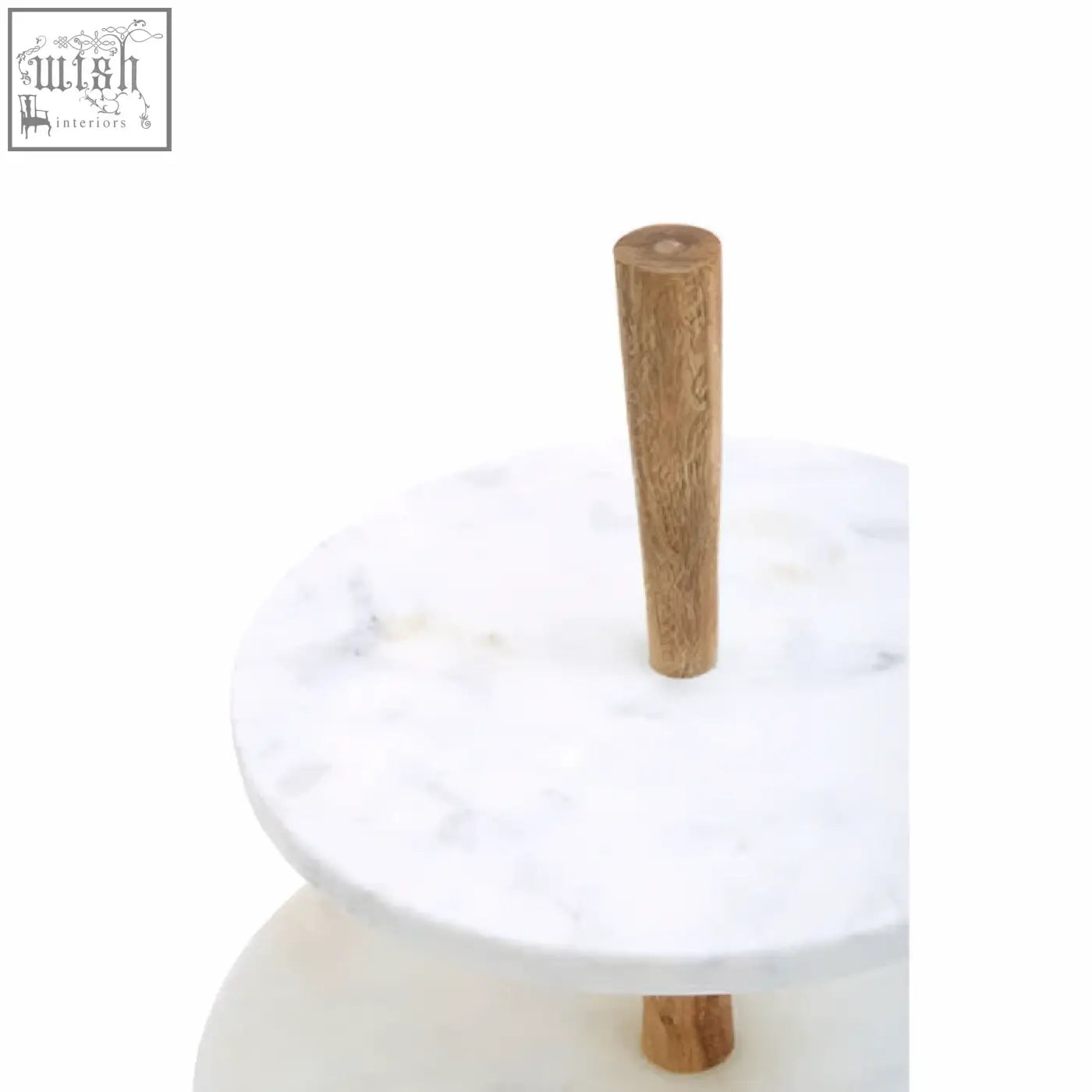 White marble two tier cake stand with acacia wood legs and central support perfect for wood cake stand displays