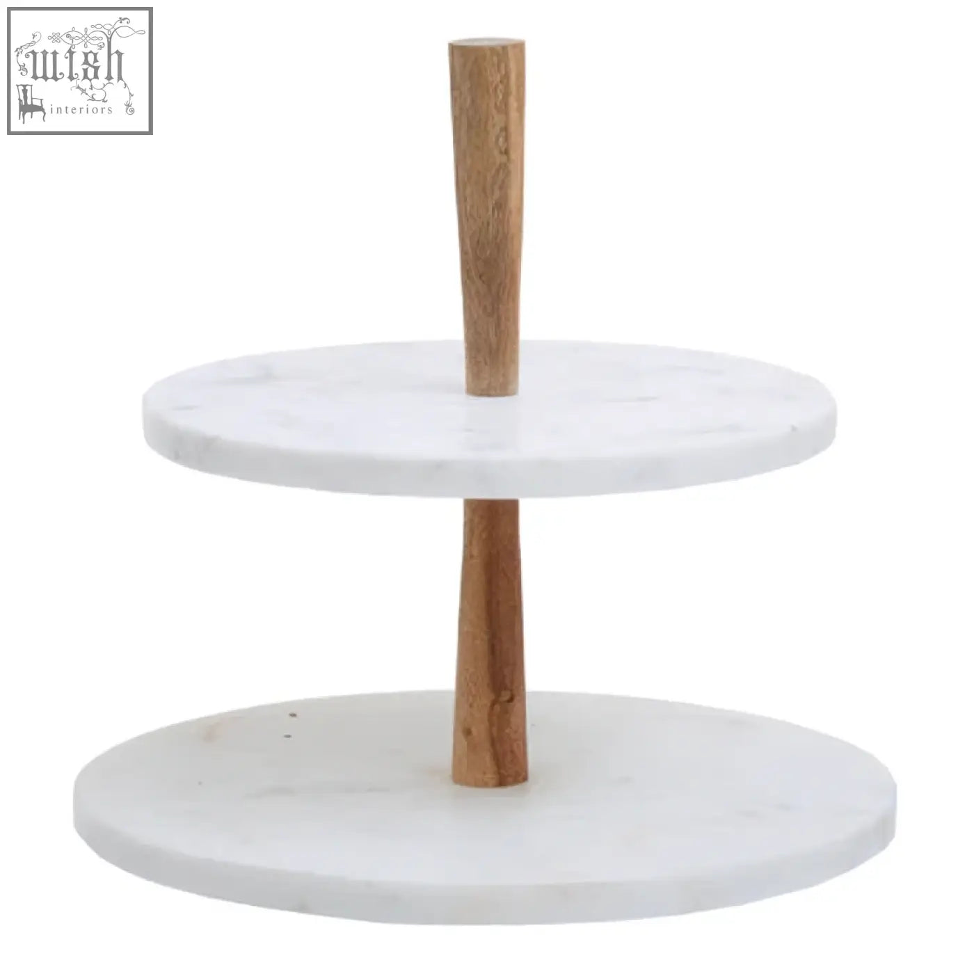 White marble two-tier cake stand with light acacia wood dowels stylish wood cake stand for serving desserts