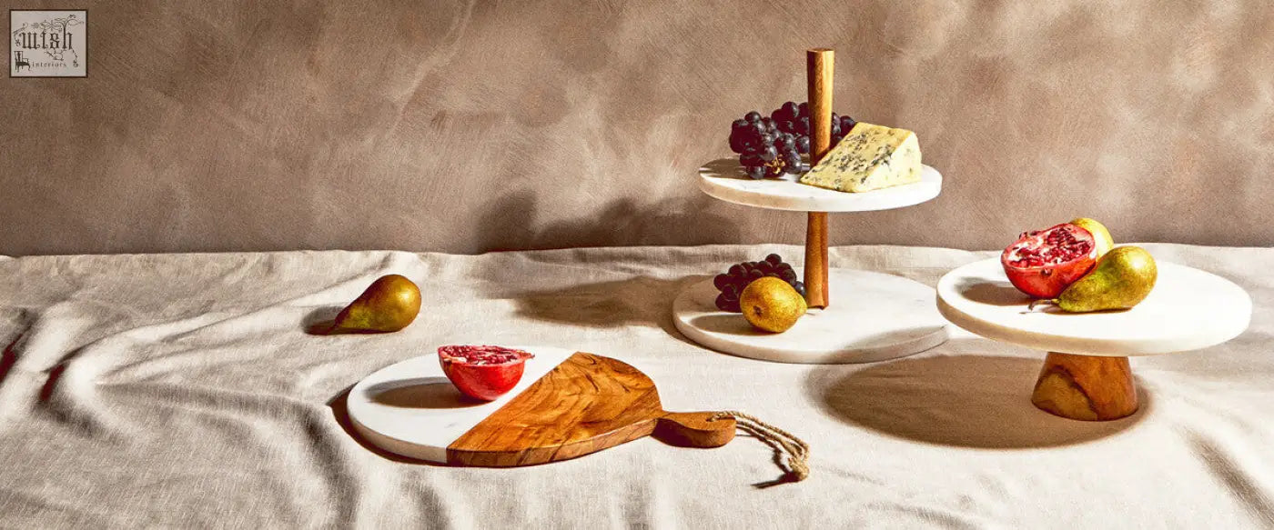 White marble and olive wood two tier cake stand with acacia wood base perfect wood cake stand for serving treats