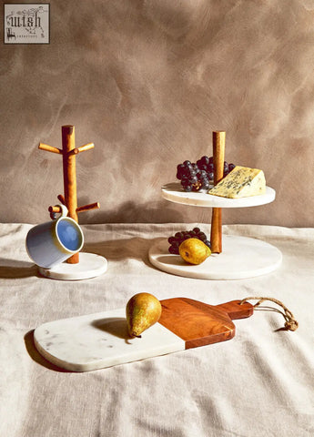 Monzaro two tier marble and acacia wood cake stand with white marble and natural grain wood cake stand finish