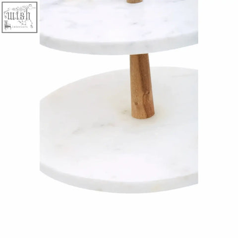 White marble two tier cake stand with natural acacia wood center support perfect wood cake stand for serving desserts