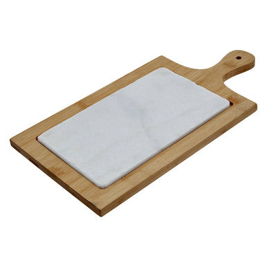 Monzaro white marble and bamboo cheese board with rectangular marble insert and light wood frame handle