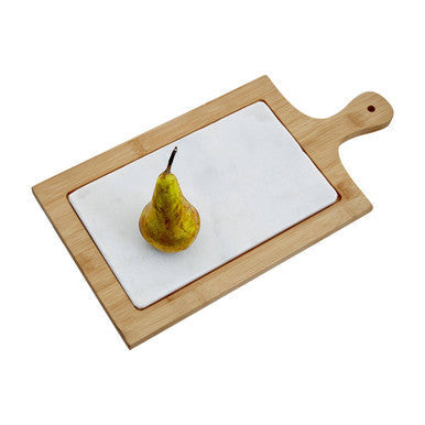 Rectangular wooden cheese board with white marble insert and natural wood handle for serving snacks