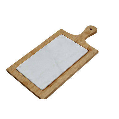 Rectangular Monzaro cheese board with white marble insert and bamboo handle perfect for serving snacks