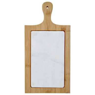 Bamboo-framed cheese board with white marble insert and natural wood handle perfect for serving snacks