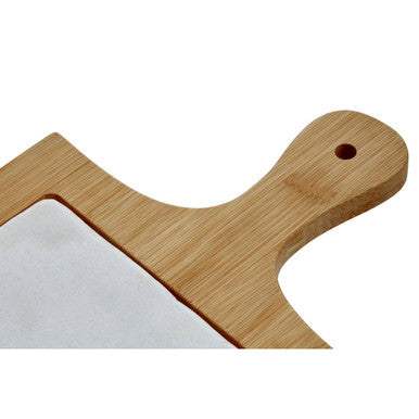 Light brown wooden cutting board with rounded handle and natural grain finish for monzaro white marble cheese board