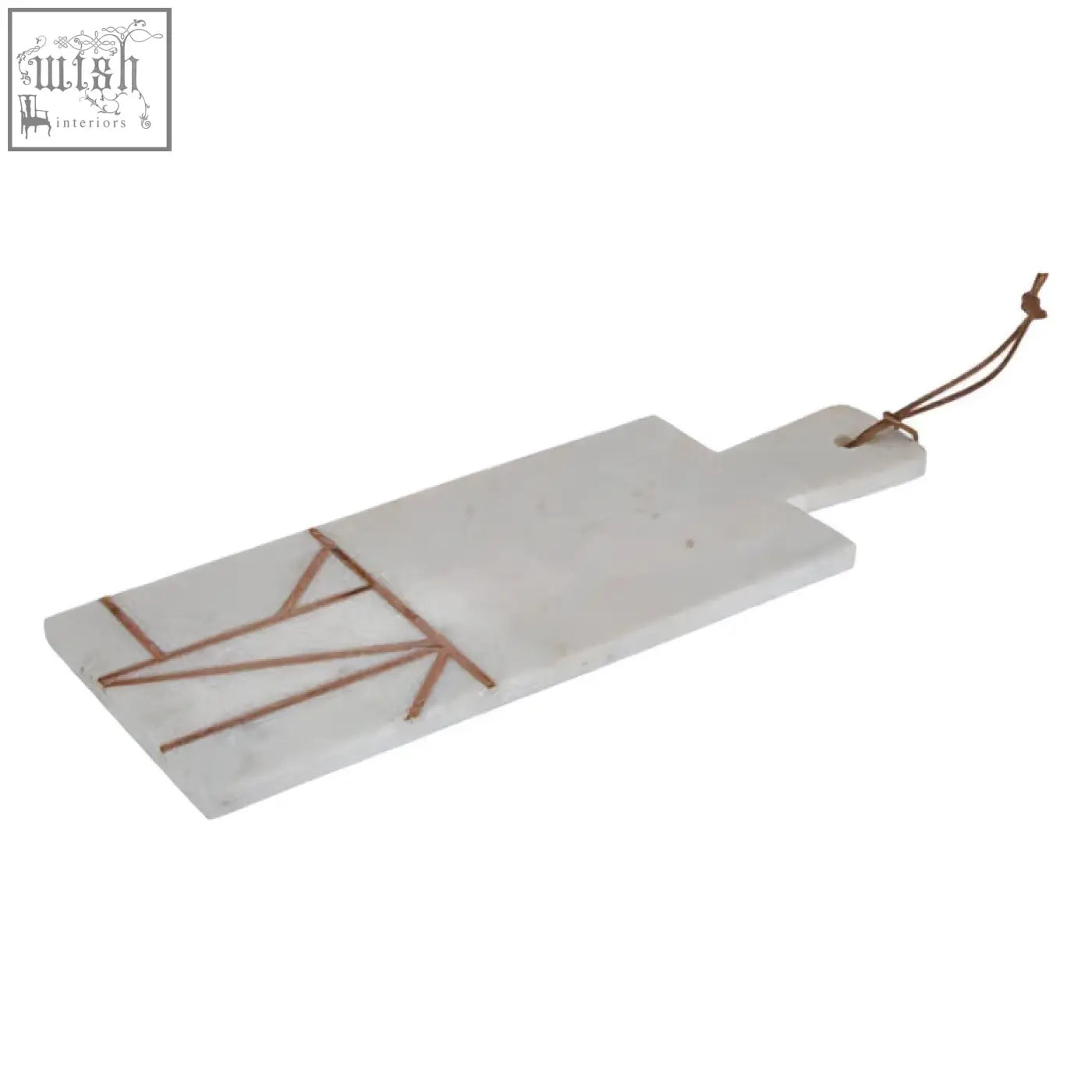 Monzaro white marble paddle board with copper inlay geometric pattern and leather tie for serving and display