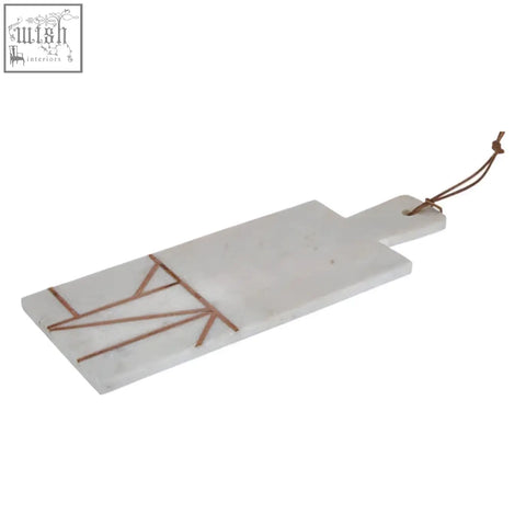 Monzaro white marble paddle board with copper inlay geometric pattern and leather tie for serving and display