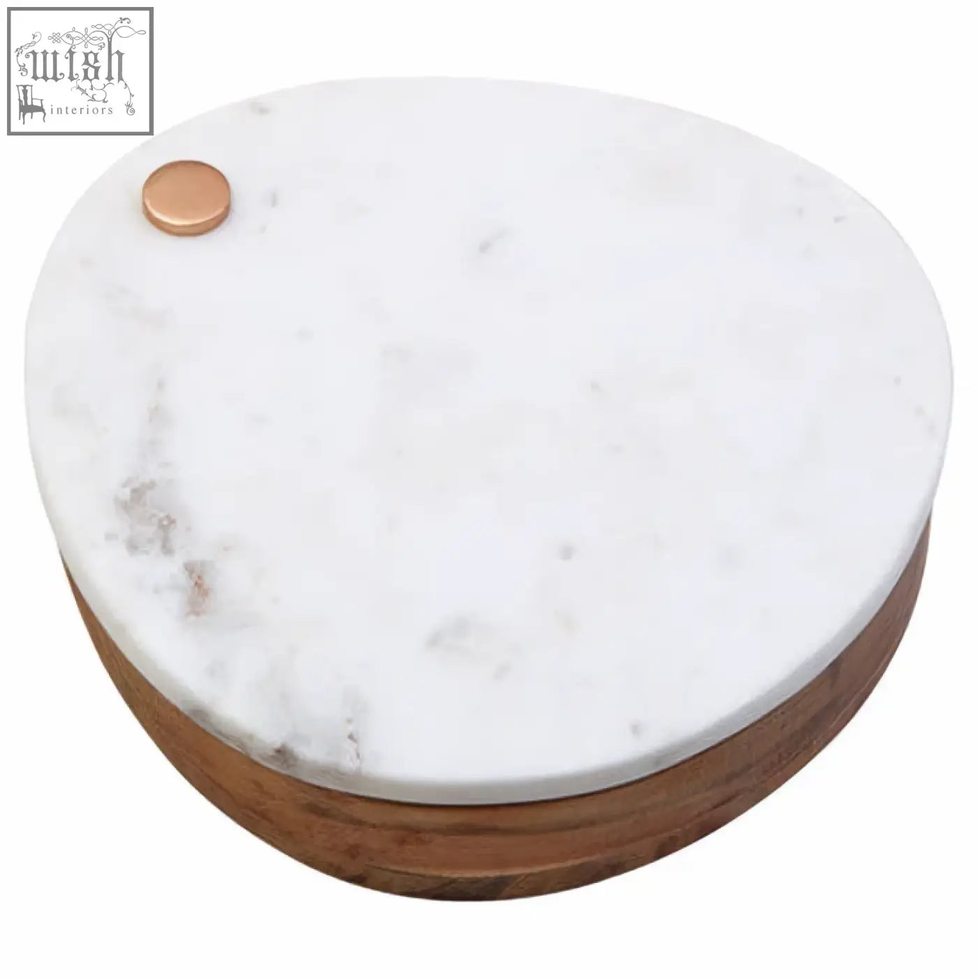 Monzaro white marble and wood cheese knife and board set with copper accent and wooden base for serving cheese