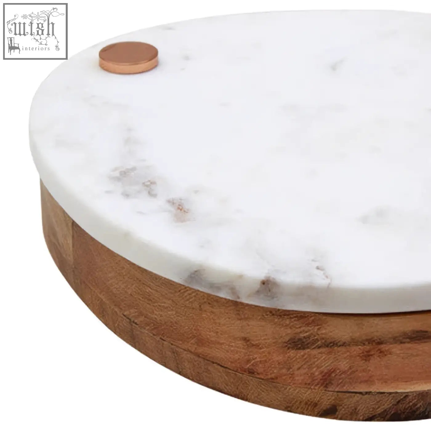 Monzaro white marble and wood cheese knife and board set with a white marble top, wood base, and copper handle