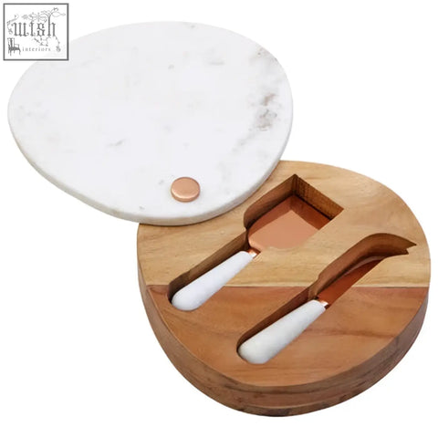 Monzaro white marble and wood cheese board set with copper handles and wood cheese knife for stylish serving