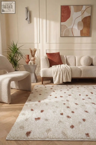 Plush cream terra biscotti shaggy rug with rust brown floral motifs perfect for cozy living spaces