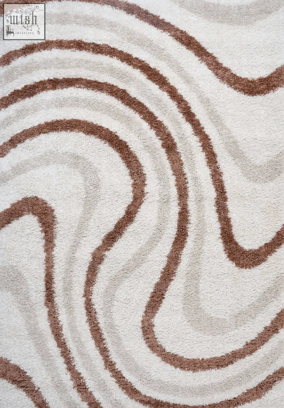 Moodi shaggy cream rug with plush texture and flowing brown waves in cream terra sunhaze design