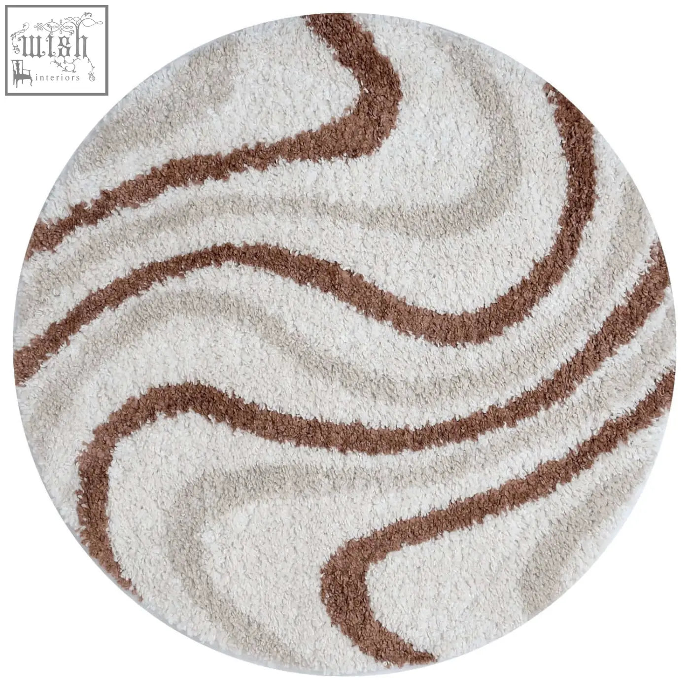 Creamy circular moodi shaggy cream rug with plush texture and flowing brown wavy stripes for cozy floors