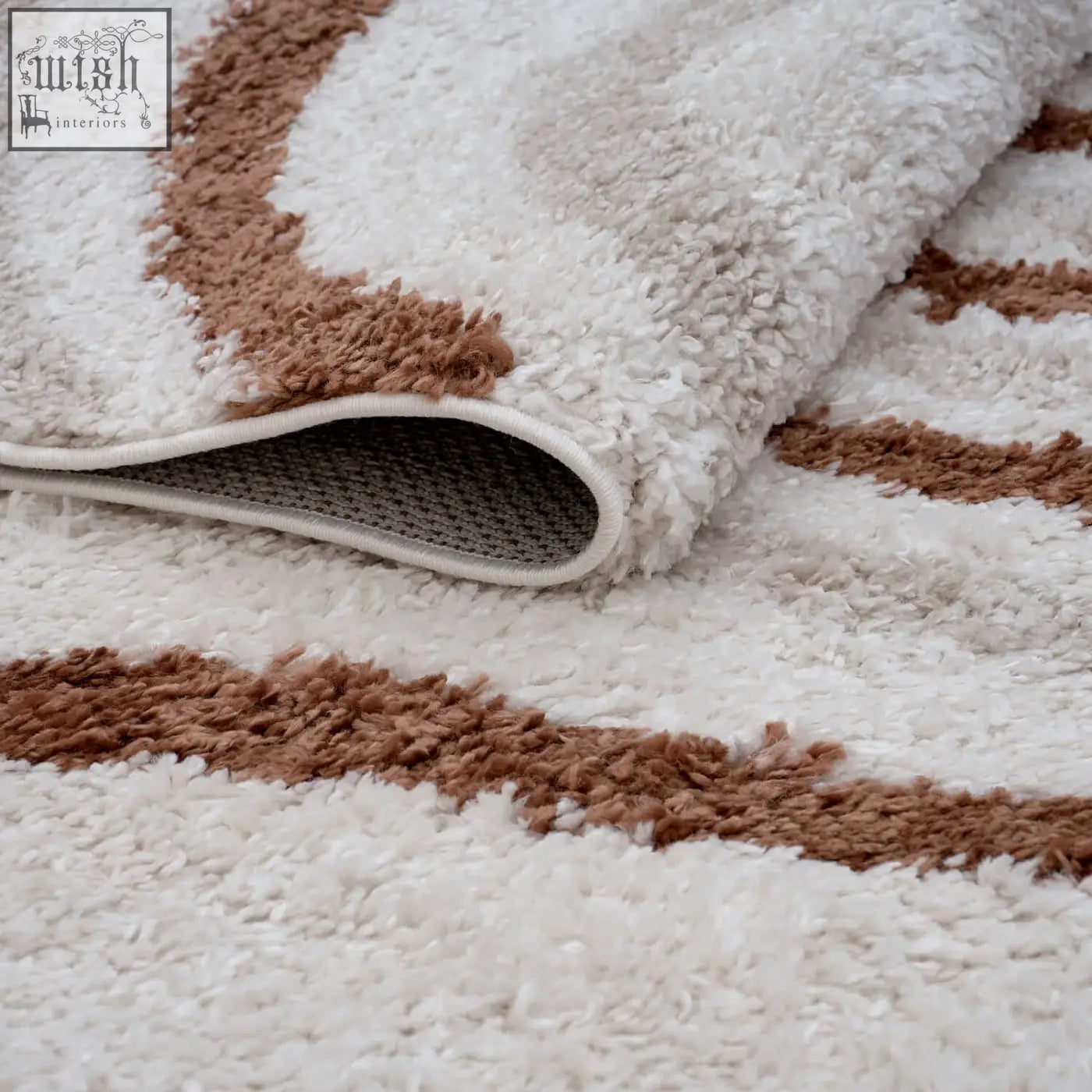 Moodi shaggy cream terra rug with plush cream and brown wavy stripes for cozy stylish home decor