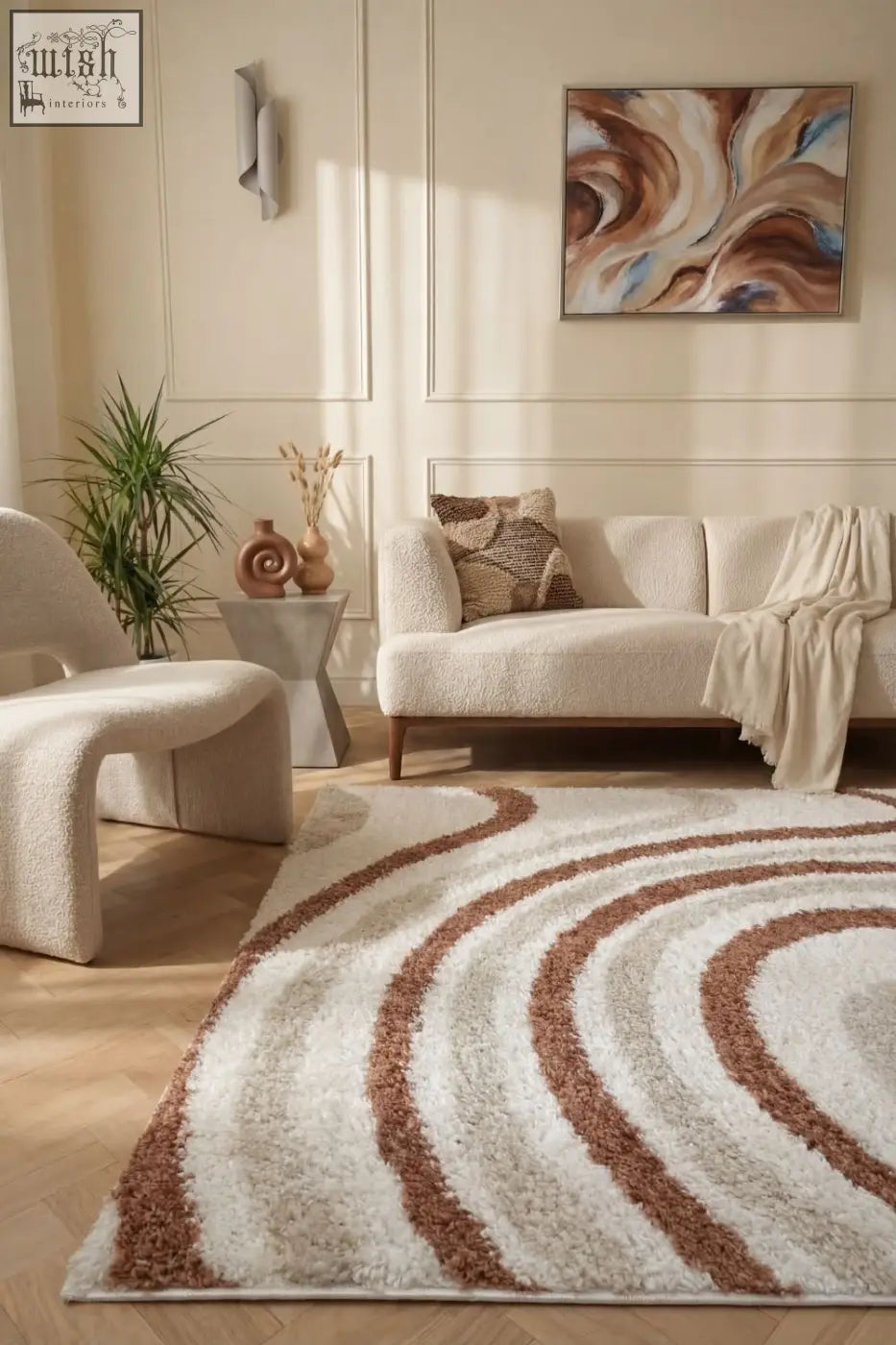 Creamy terracotta curved stripe moodi shaggy cream terra sunhaze rug with soft plush texture for cozy spaces