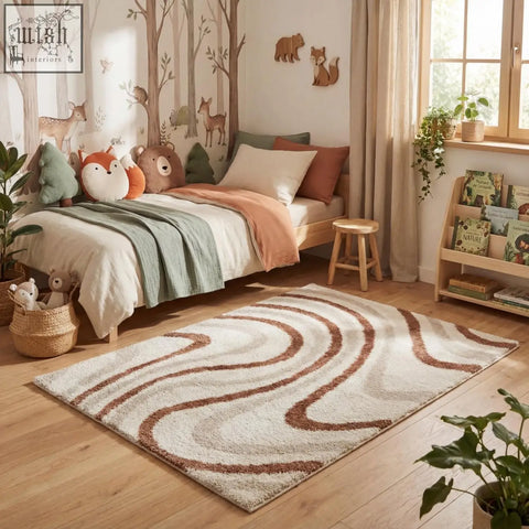 A moodi shaggy cream plush rug with flowing brown wavy stripes perfect for cozy living spaces