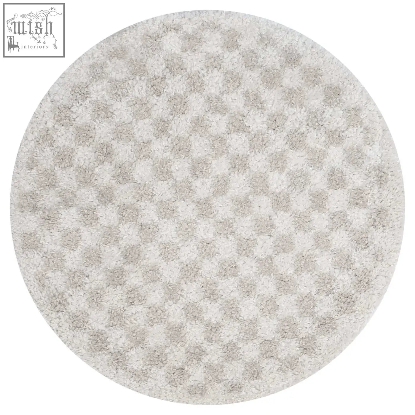 Round moodi shaggy light beige rug with plush shaggy texture and subtle gray checkered pattern