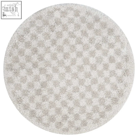 Round moodi shaggy light beige rug with plush shaggy texture and subtle gray checkered pattern