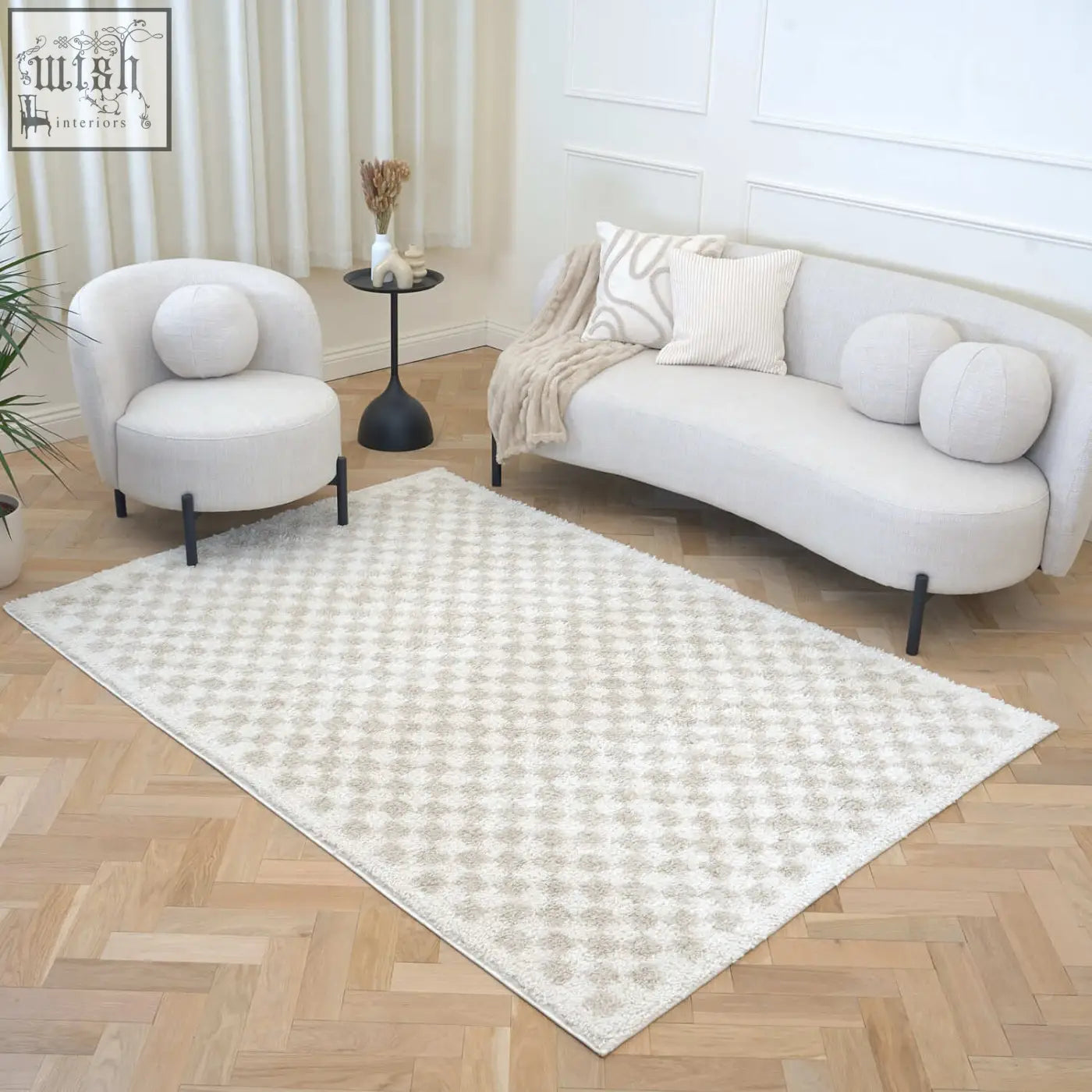 Creamy light beige moodi shaggy light area rug with subtle gray geometric pattern and plush soft texture