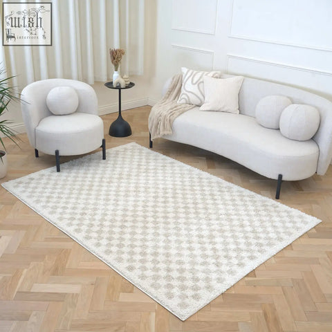 Creamy light beige moodi shaggy light area rug with subtle gray geometric pattern and plush soft texture
