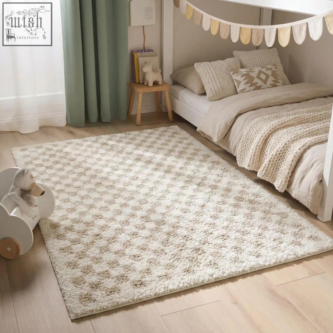 Light beige moodi shaggy light plush rug with subtle textured pattern perfect for cozy living spaces