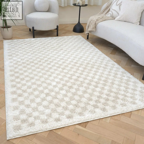 Creamy plush moodi shaggy light beige nomari rug with soft textured surface and subtle geometric pattern