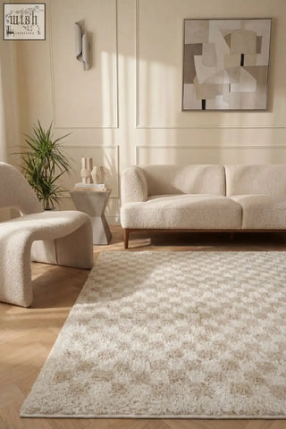 Creamy light beige moodi shaggy light plush rug with subtle geometric pattern for cozy home decor