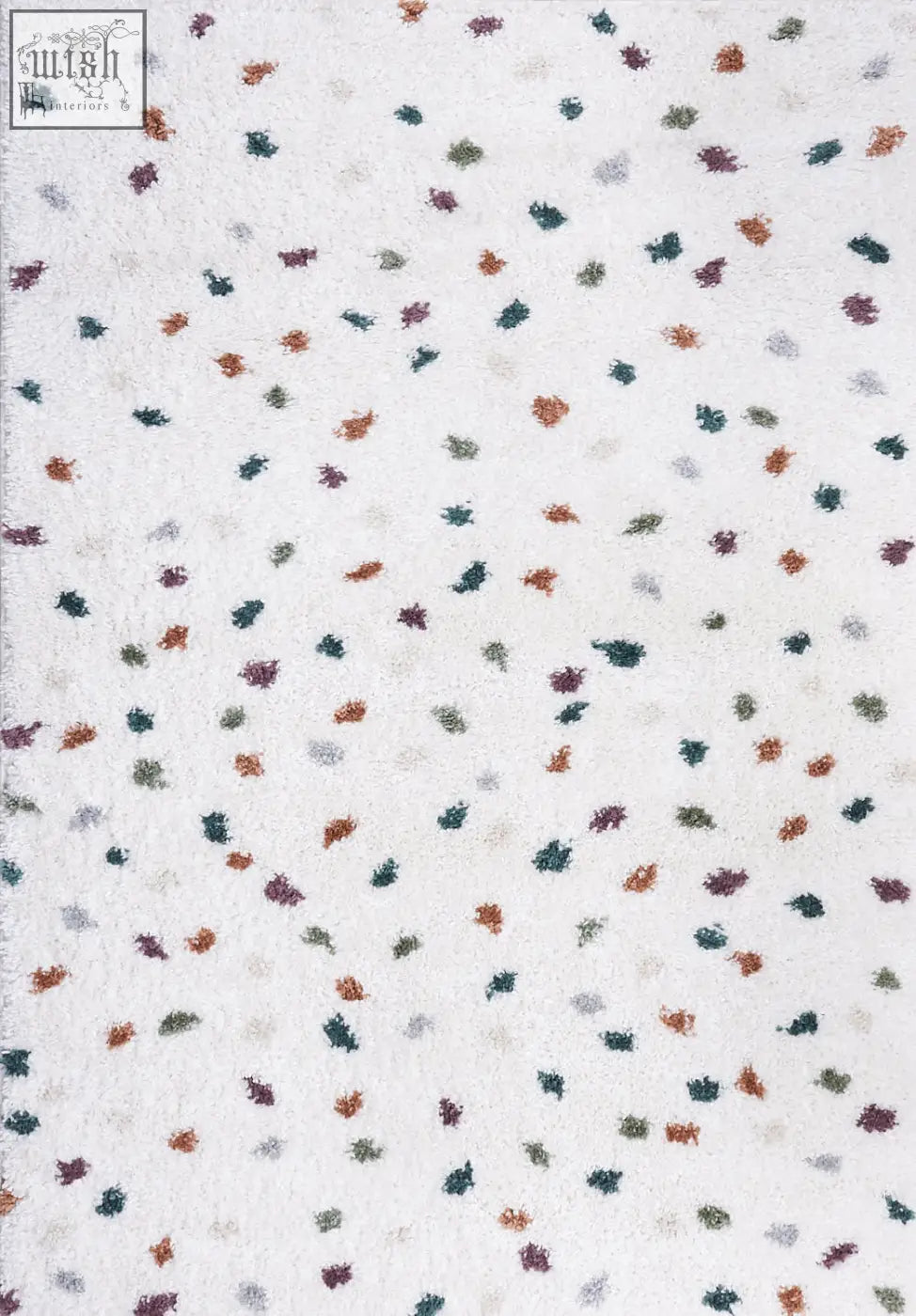 White textured moodi shaggy multicolour rug with scattered green orange purple and gray leaf patterns multicolour jubile rug