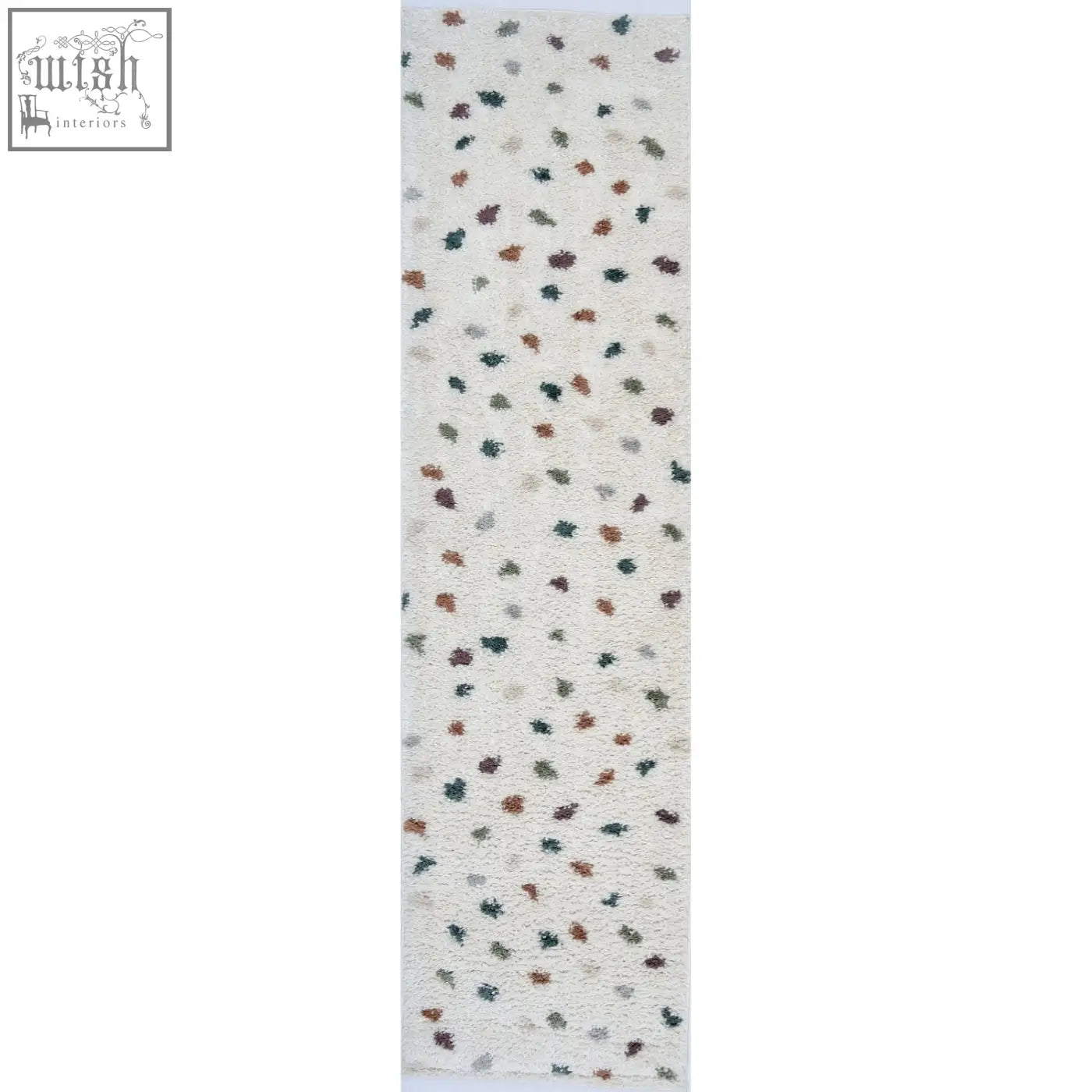 A plush off-white moodi shaggy multicolour jubile rug with textured leaf motifs in muted earth tones