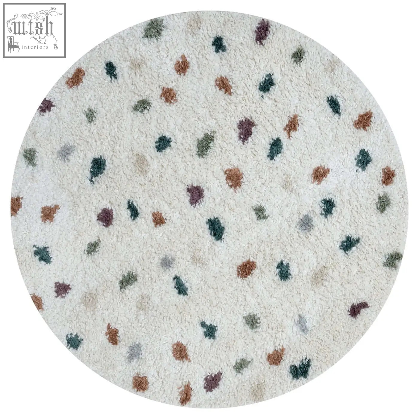 A plush off-white circular moodi shaggy multicolour jubile rug with soft texture and brown green gray speckles