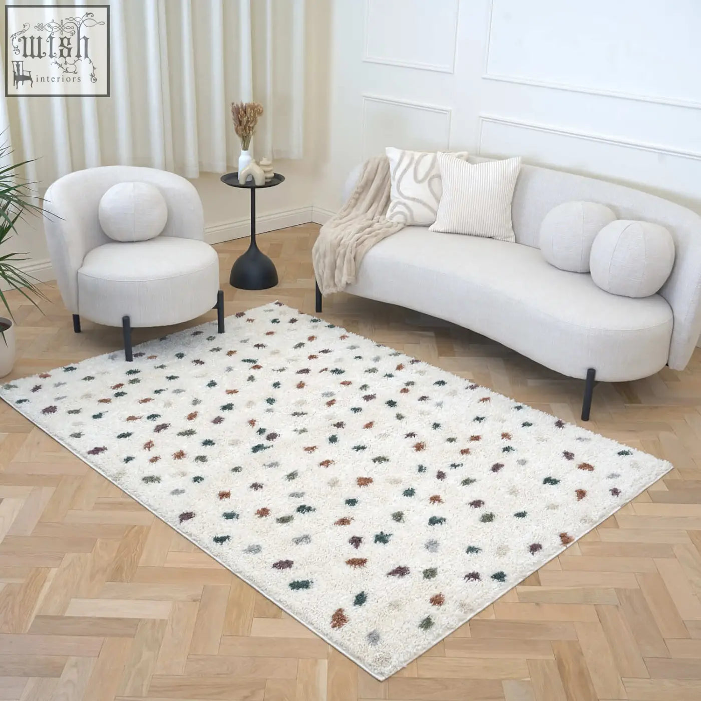 Creamy shaggy multicolour jubile rug with scattered brown green and gray leaf patterns moodi shaggy multicolour style