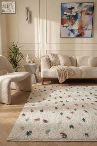 Cream-colored plush shag rug with multicolour leaf patterns moodi shaggy multicolour jubile rug