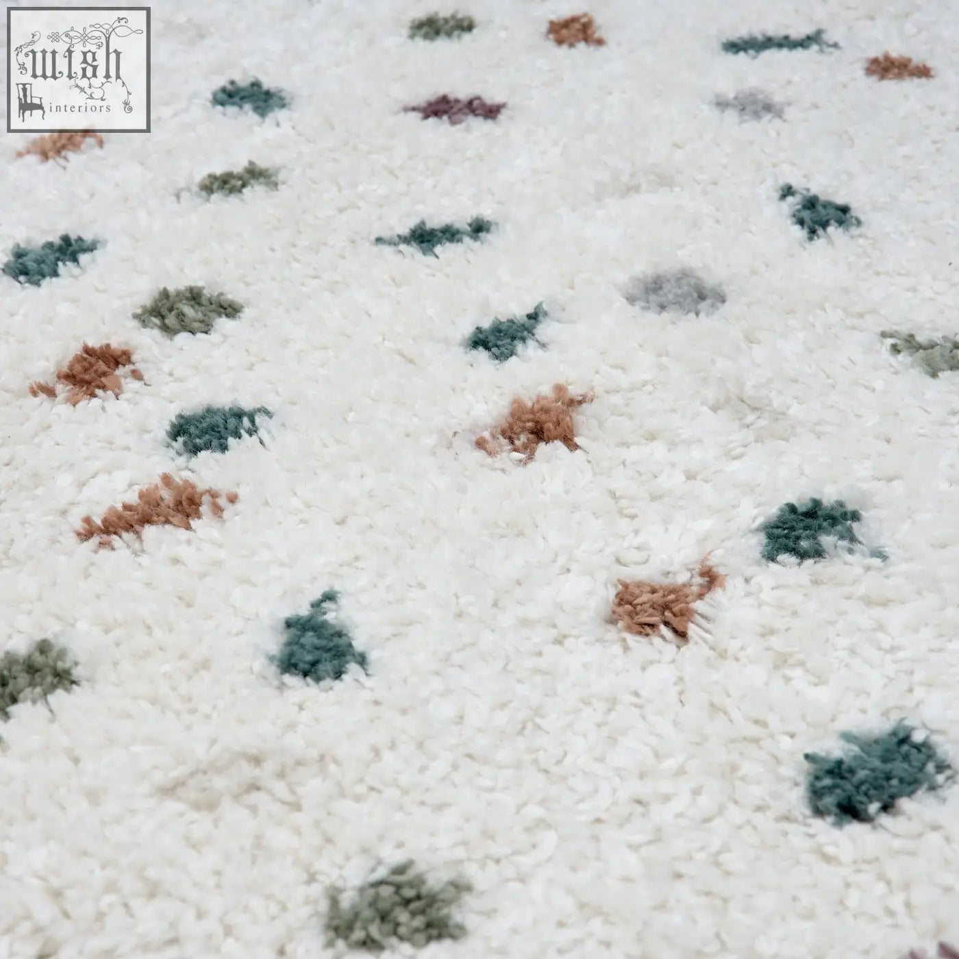 White plush moodi shaggy multicolour rug with green brown and gray tufts perfect for cozy spaces