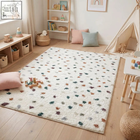 White plush moodi shaggy multicolour rug with textured multicolour jubile leaf pattern perfect for cozy spaces