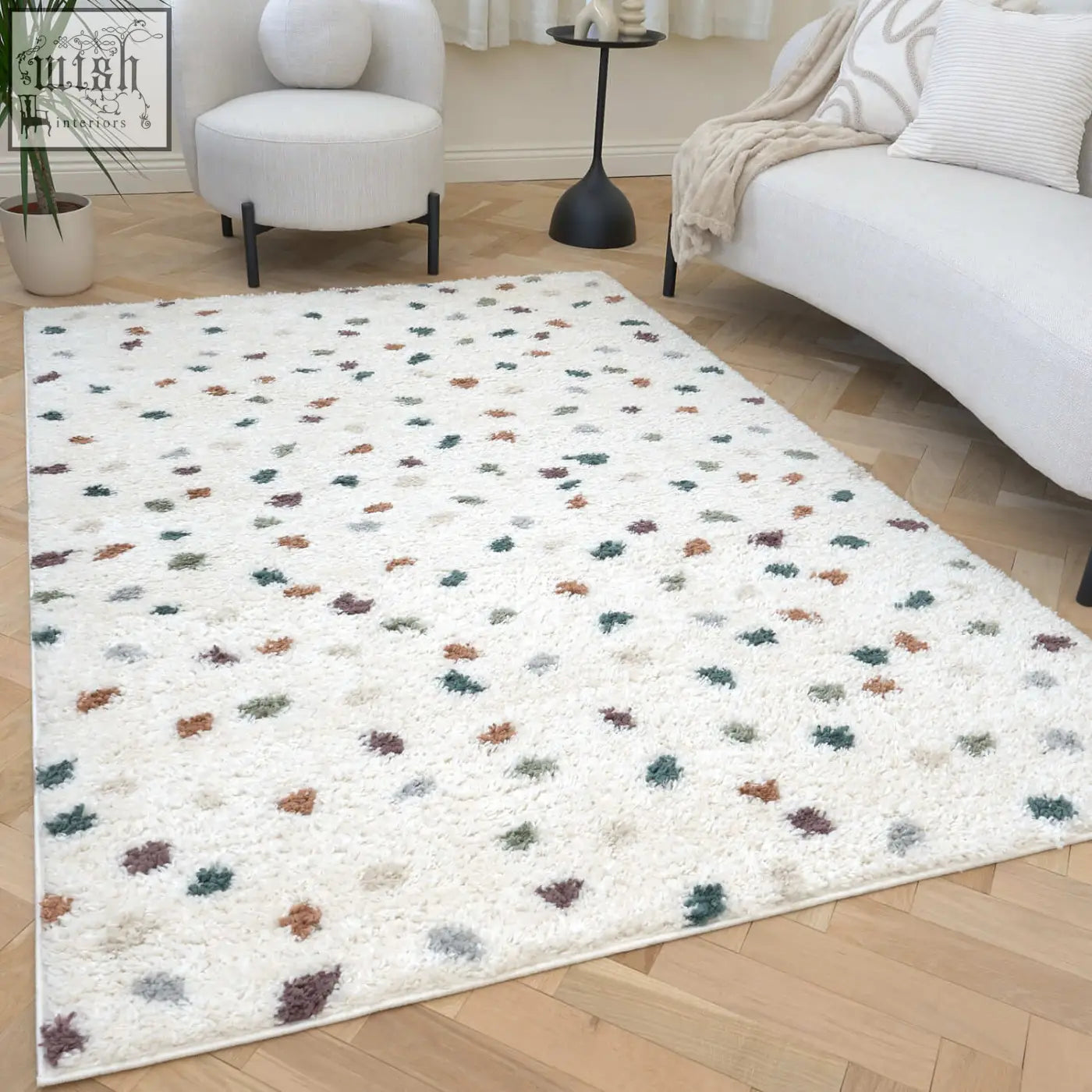 White shaggy rug with multicolour leaf patterns green brown and gray moodi shaggy multicolour jubile rug