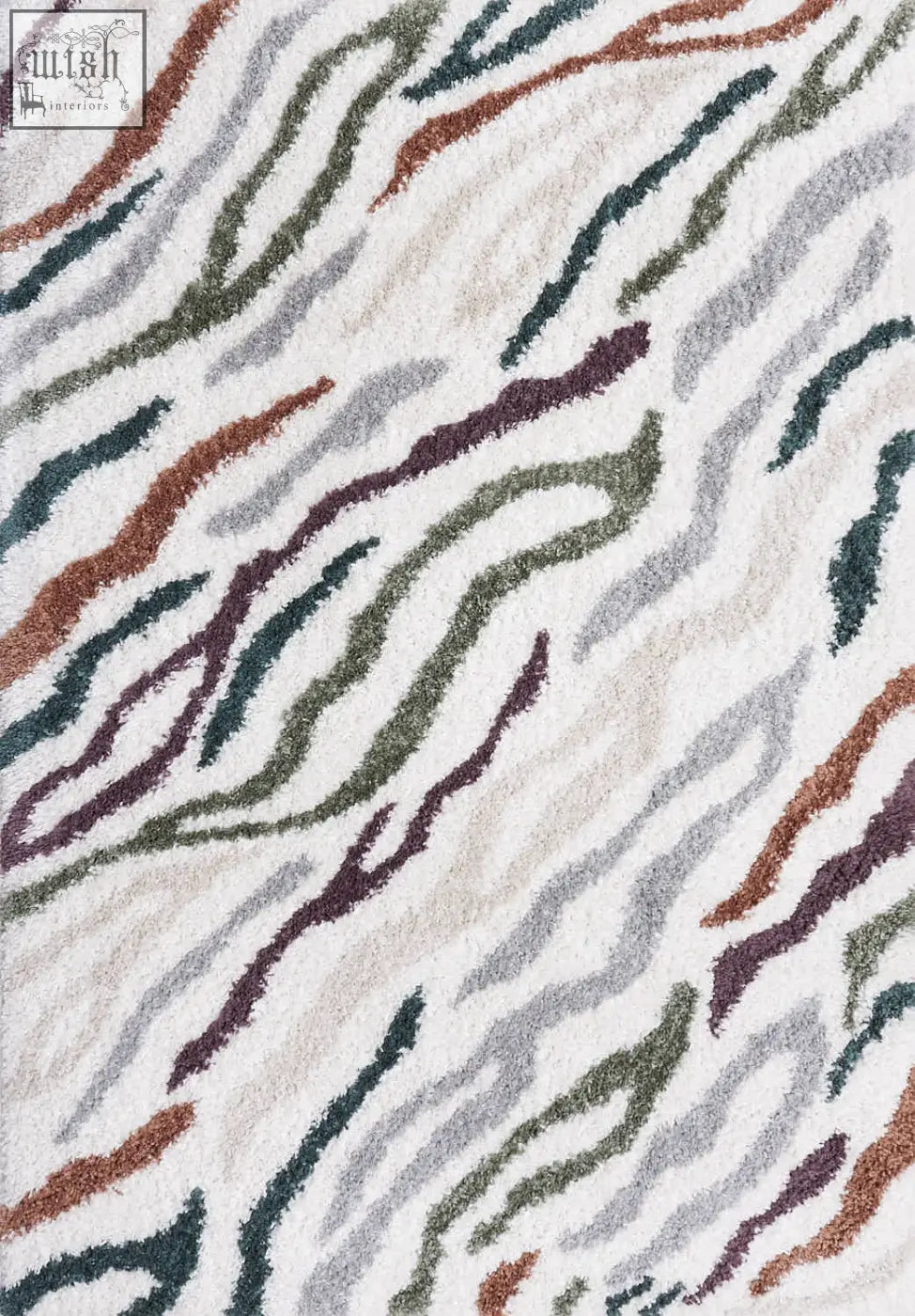 A plush moodi shaggy multicolour tidecrest rug with soft textured wavy stripes in earthy tones on creamy white background