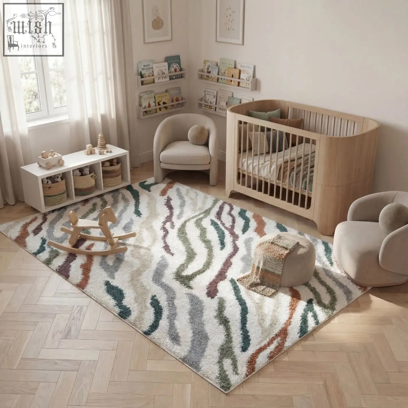 A plush moodi shaggy multicolour tidecrest rug with a modern abstract pattern in muted earth tones and pastels