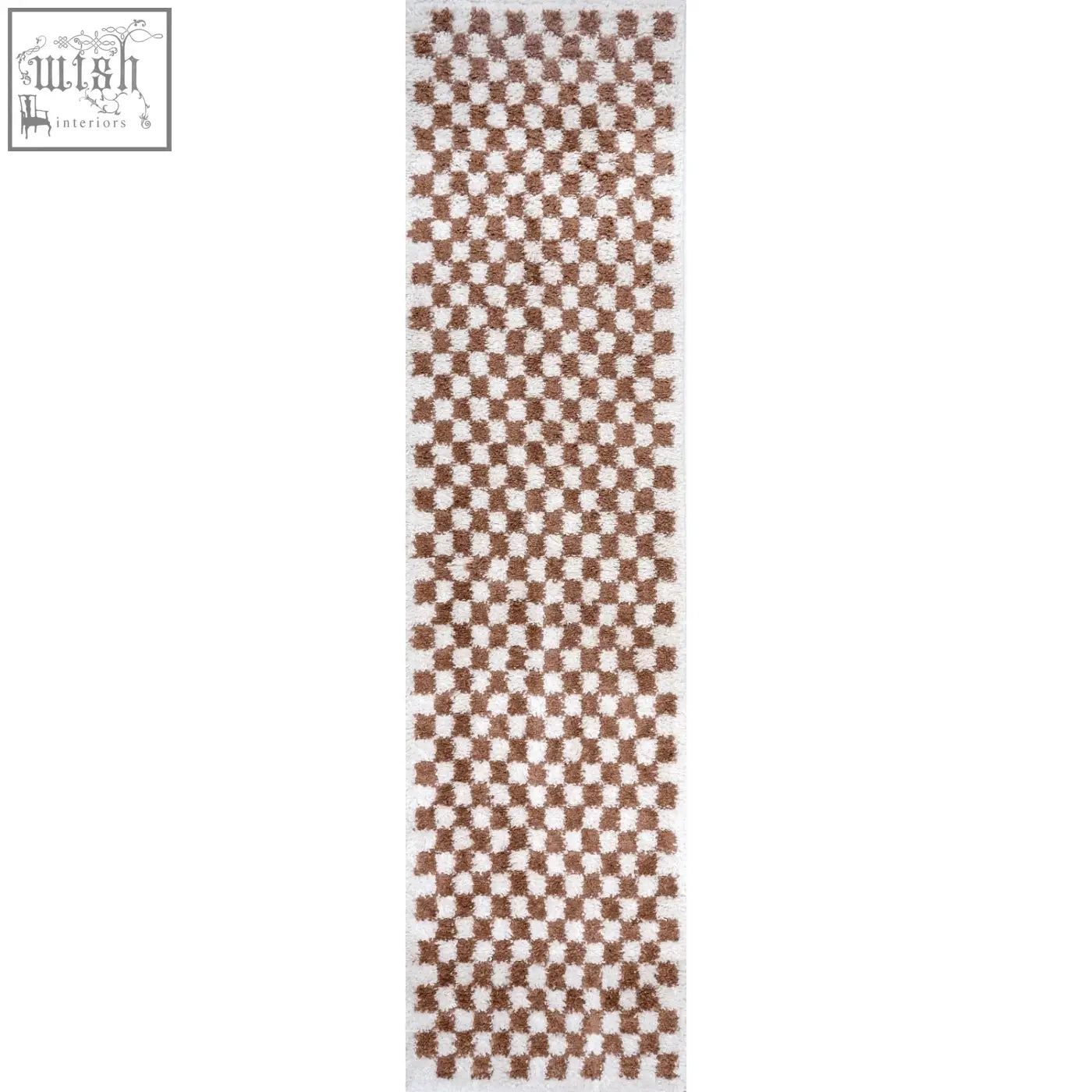 A plush shaggy terra pixelate rug with a classic checkerboard pattern in earthy brown and cream tones by moodi shaggy terra