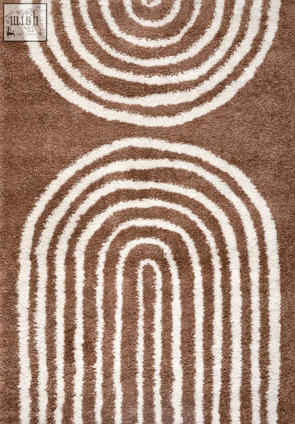 Brown and white concentric arc patterned plush bath mat in moodi shaggy terra tawny rug for cozy bathroom floors