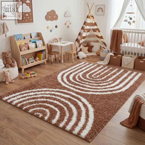 Brown and white plush moodi shaggy terra rug with concentric curved stripes for cozy living spaces