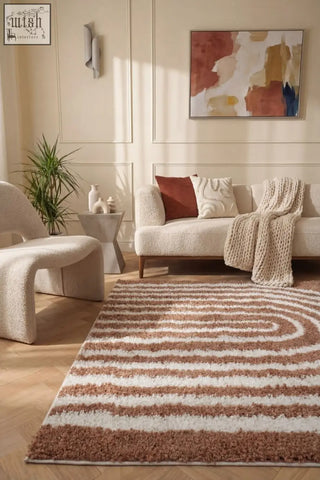 A plush moodi shaggy terra area rug with wide beige and terracotta brown stripes perfect for cozy spaces