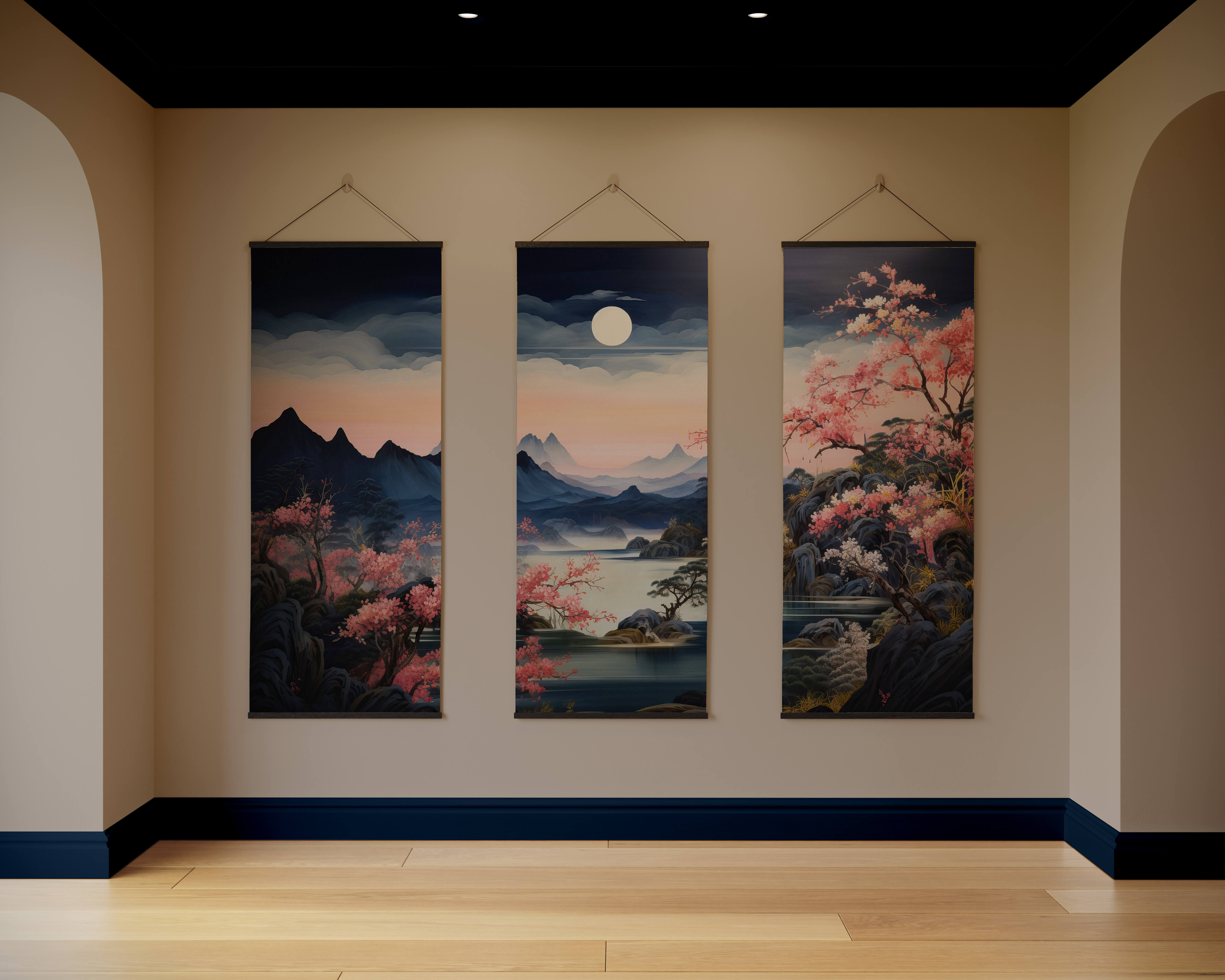 Moonlight night cherry tapestry with three vertical scroll paintings of pastel mountain landscapes and cherry blossoms