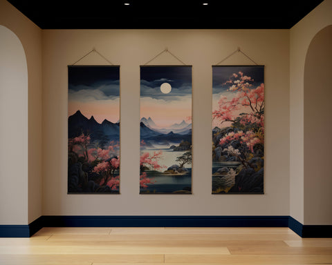 Moonlight night cherry tapestry with three vertical scroll paintings of pastel mountain landscapes and cherry blossoms