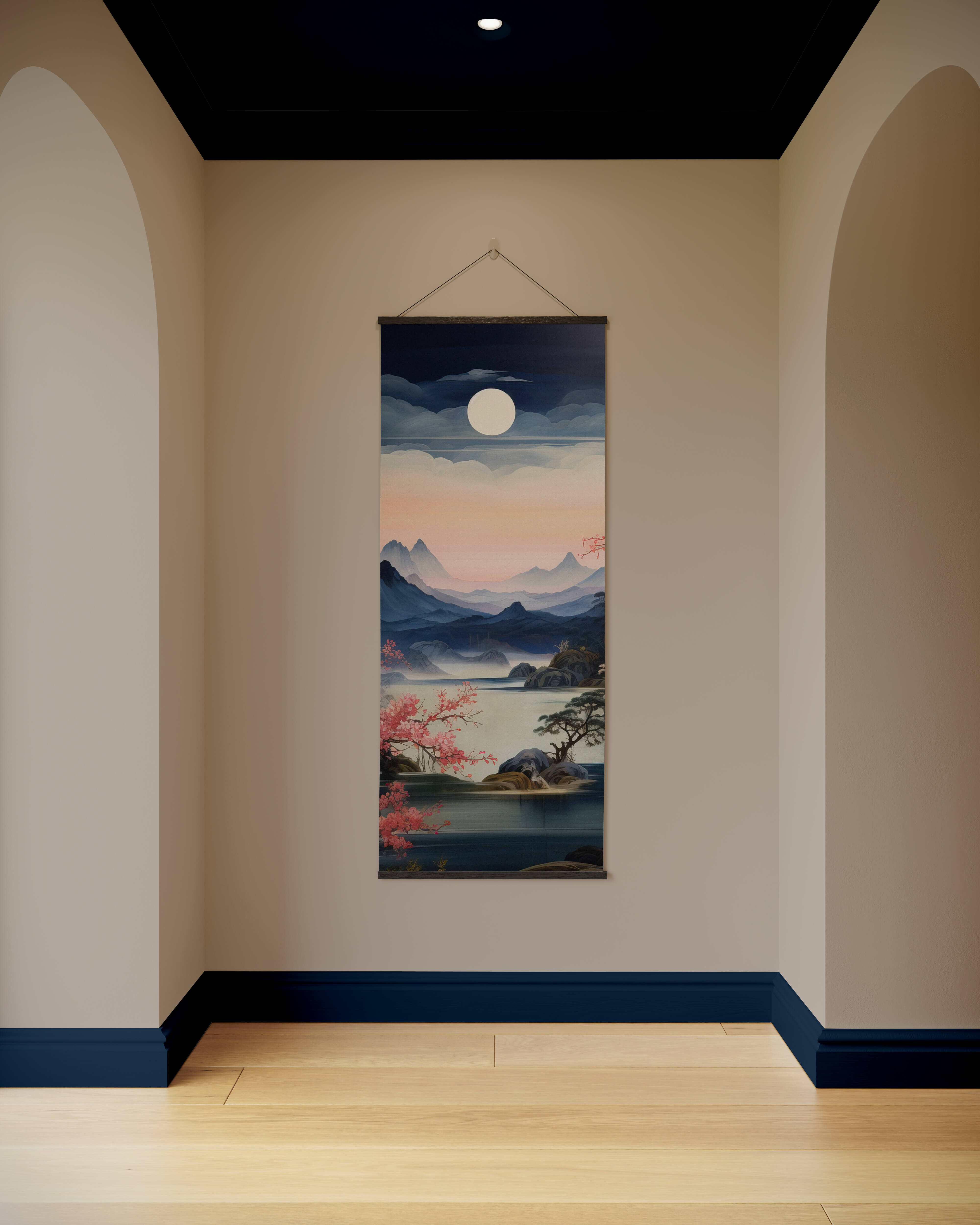 A vertical scroll painting tapestry featuring moonlight night cherry blossom trees with mountains and a calm lake reflection