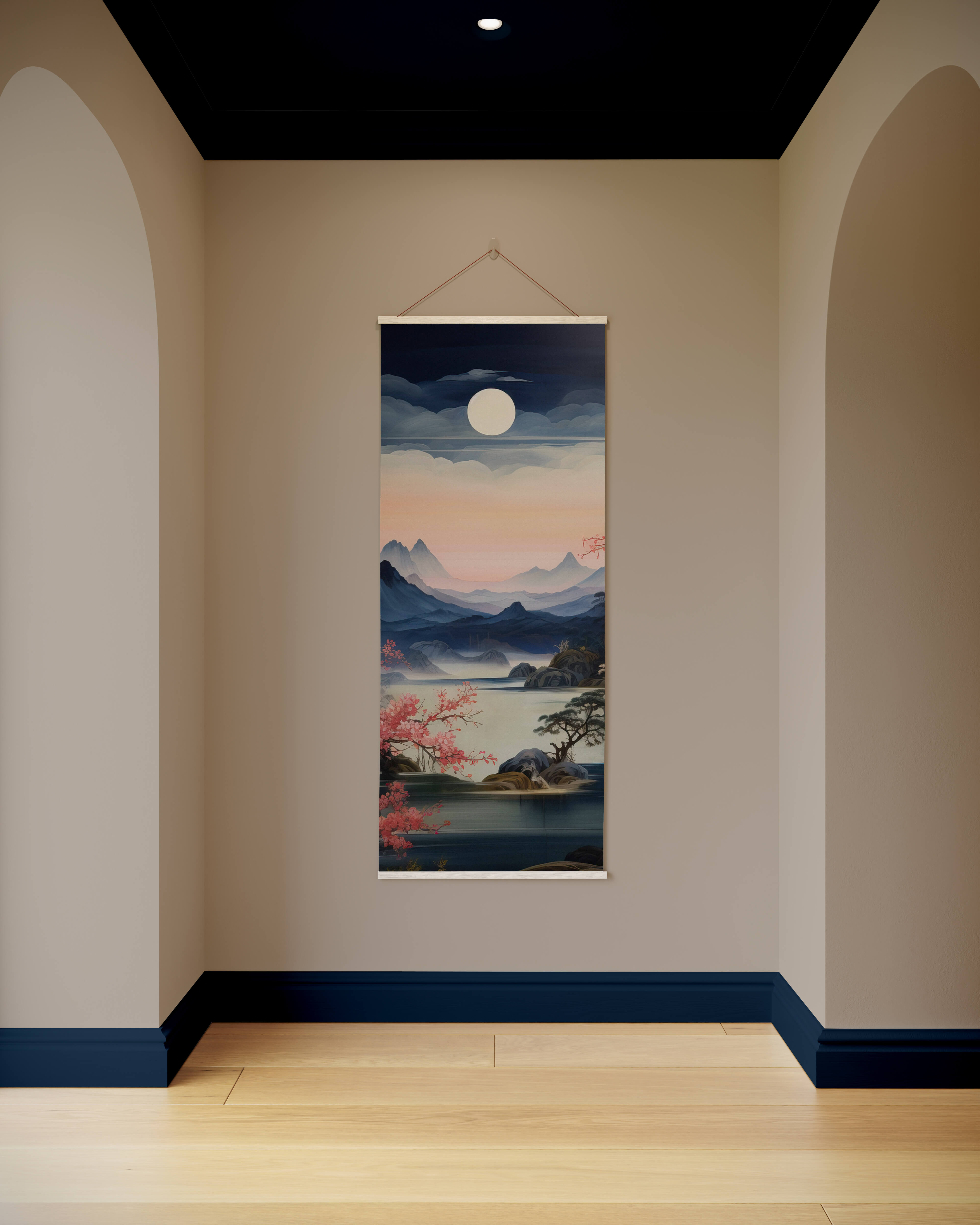 A moonlight night cherry blossom tapestry showing a serene watercolor landscape with pink blossoms and a full moon