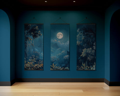 Three vertical moonlit forest tapestries with jungle scenes hang on a deep teal wall as moonlit forest wall decor