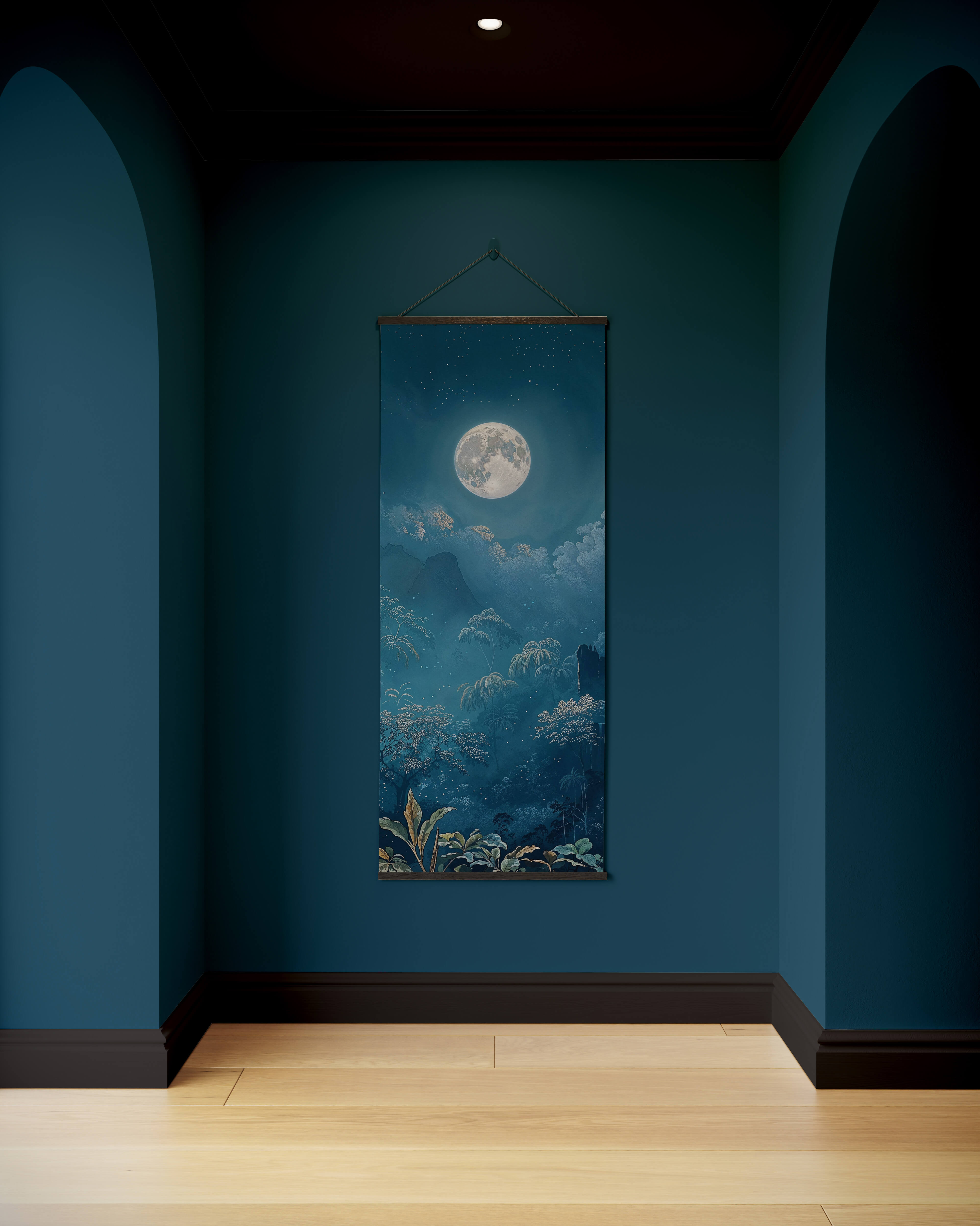 A moonlit forest tapestry with a luminous full moon above misty mountains framed by dark blue walls