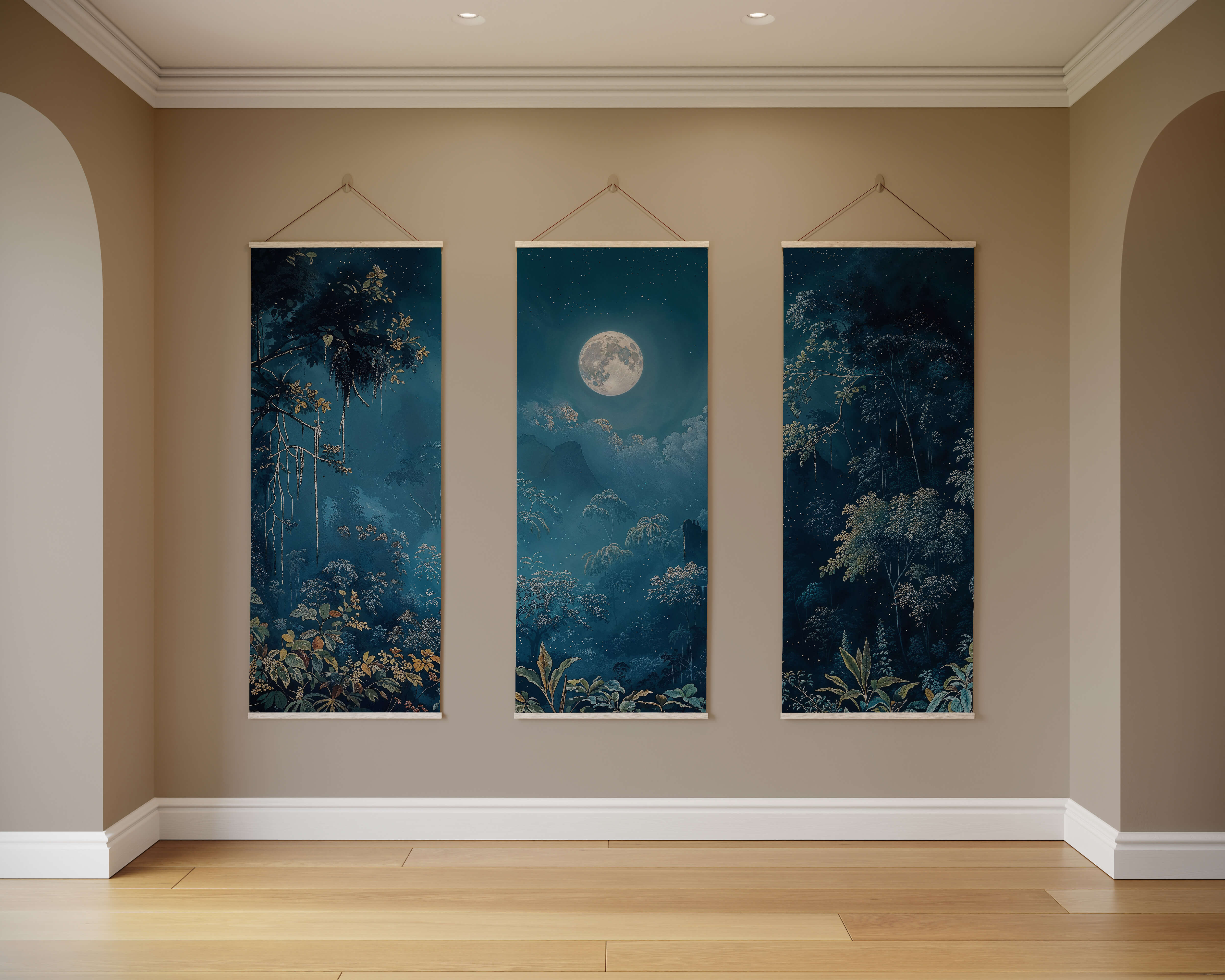 Three vertical moonlit forest tapestries in deep blues and greens with white borders perfect for moonlit forest walls