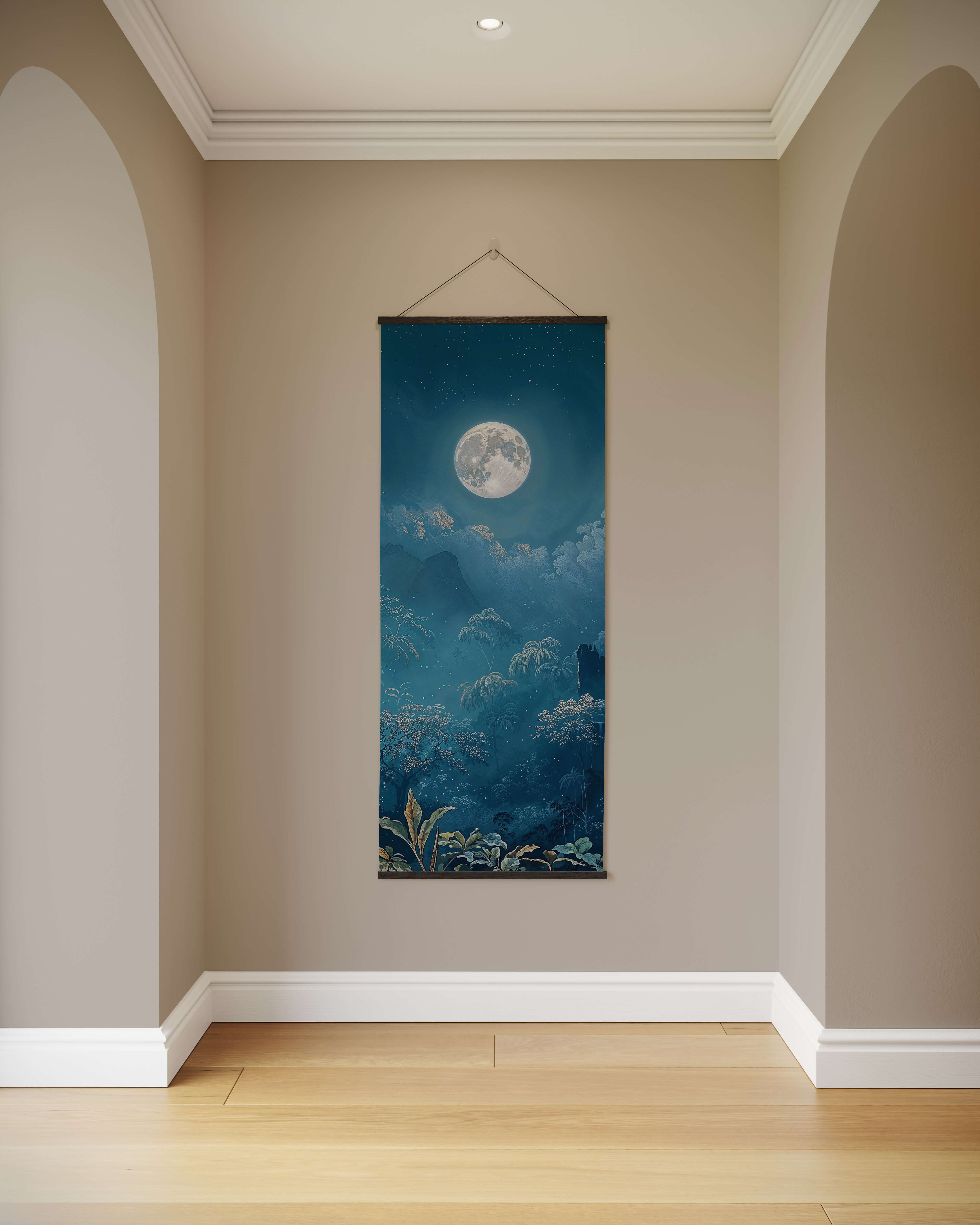 A vertical moonlit forest tapestry with a luminous full moon misty mountains and deep blue green foliage wall art